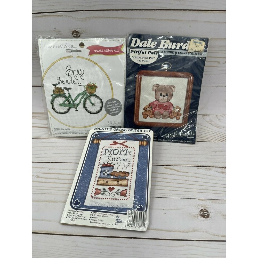 Cross Stitch Kit Lot Dale Burdett New Berlin Co Dimensions Bear Bicycle Moms